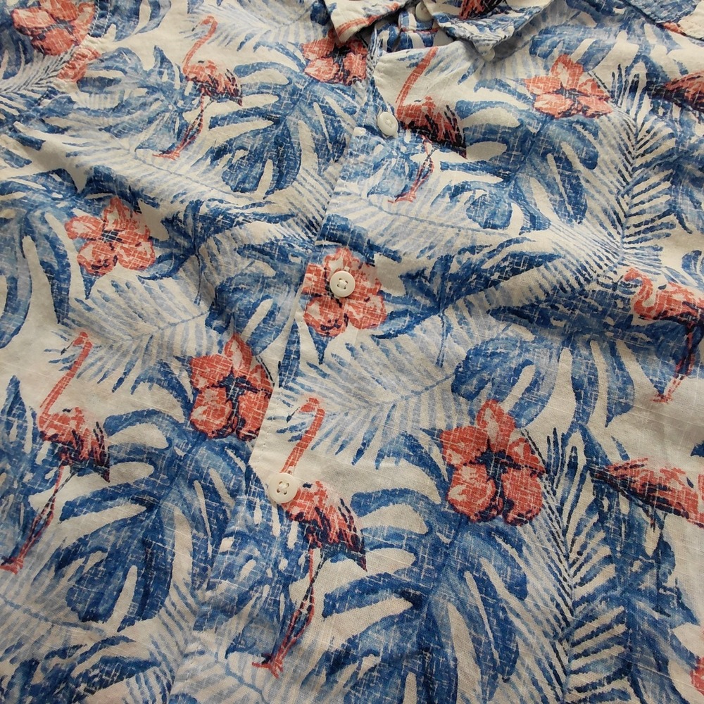 IZOD Saltwater Woven Chambray Hawaiian Flamingo Shirt SMALL Blue Tropical Button - Picture 5 of 7